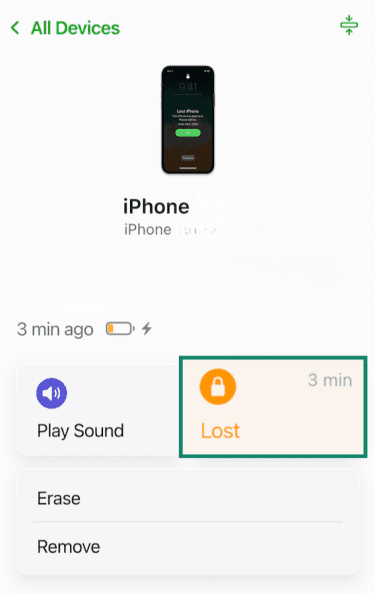 iCloud Find Devices section for an iPhone, with Lost button highlighted.