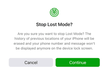 iCloud Find Devices Stop Lost Mode popup, showing a brief explanation of what it entails and cancel and continue buttons.