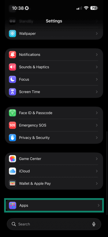 Screenshot of the iOS Settings menu with Apps highlighted