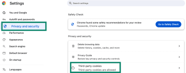 Chrome Settings page showing Privacy and security and Third-party cookies options.
