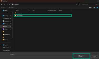A File Upload dialog window shows a folder named "Test folder" selected and the Open button highlighted.