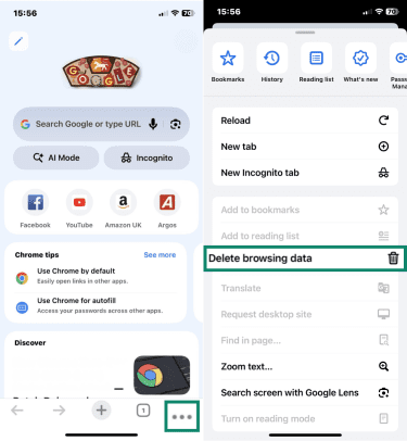 Three-dot icon and "Delete browsing data" button highlighted in Chrome on iPhone.