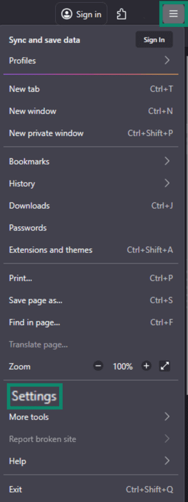 Firefox browser window showing the three-line menu in the top-right corner, with the Settings option highlighted.