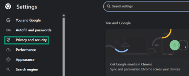 Privacy and security menu highlighted in Google Chrome's Settings menu.