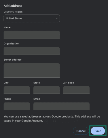 Entering a new address in Chrome's Autofill settings.