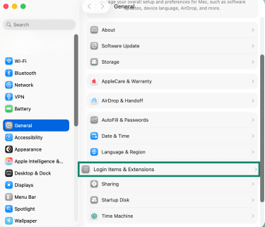 Login Items & Extensions under General in macOS Settings.
