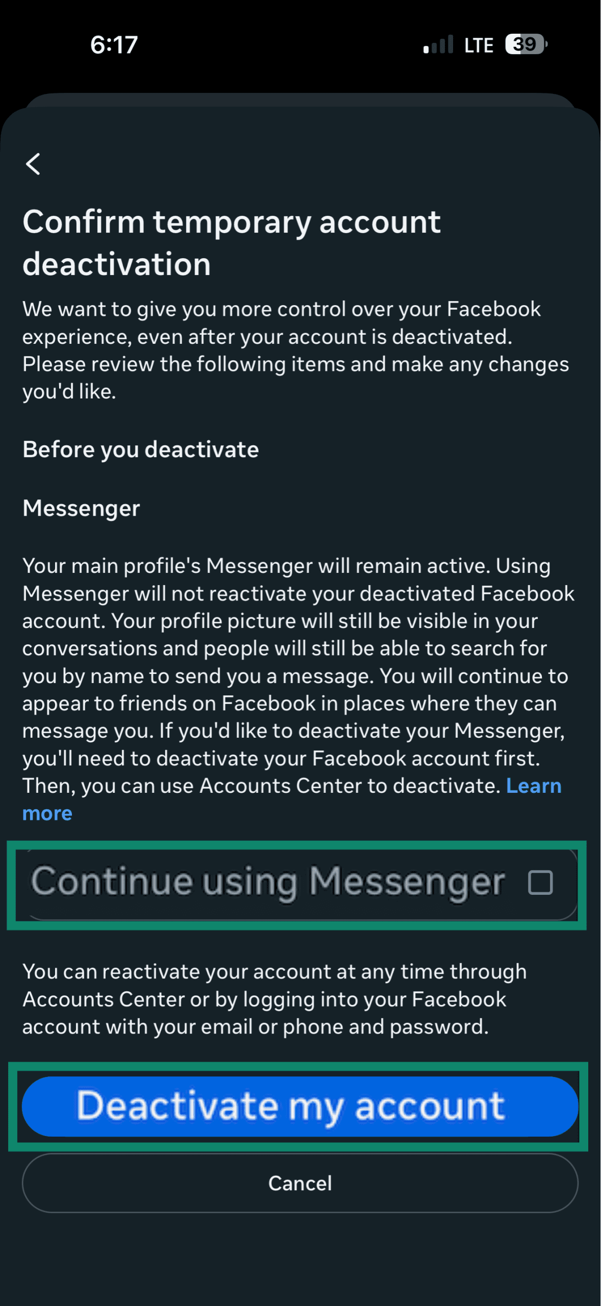 How to deactivate a Facebook account.