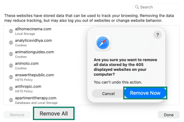 Removing website data and cache in Safari.