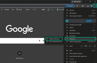 The Settings menu on Google Chroe, highlighting the "Extensions" and "Manage Extensions" options.