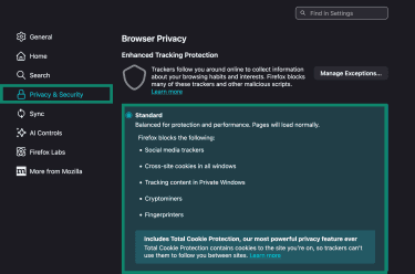 The "Privacy & Security tab," with a highlighted "Standard" options in Firefox's Enhanced Tracking Protection feature.