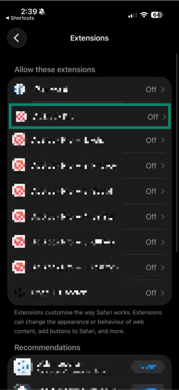 A list of Safari extensions on iOS, highlighting one that's turned off.