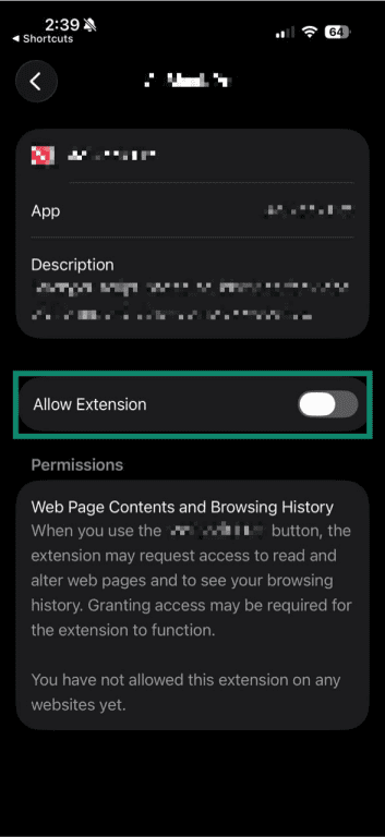 The "Allow Extension" toggle for a Safari extensions in iOS settings.
