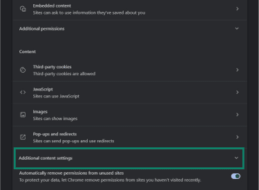 The "Addition content settings" option in Chrome.