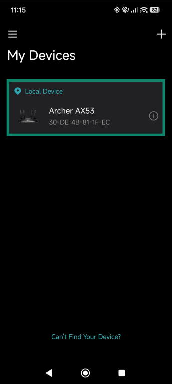 TP-Link mobile app screen showing the router listed under My Devices.