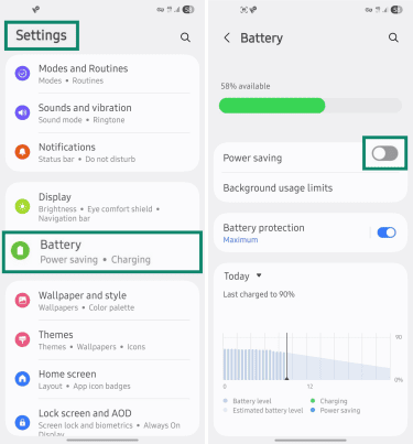 Disabling power saving mode on Android.