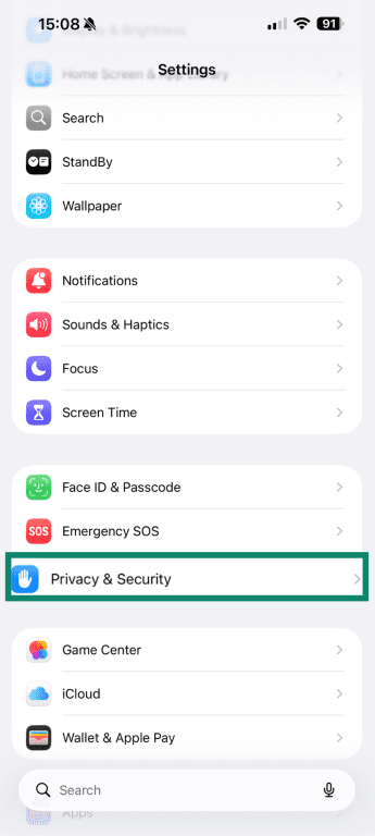 Privacy & Security settings on iPhone.