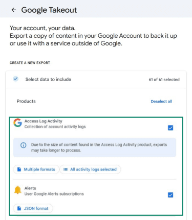 Google Takeout page.