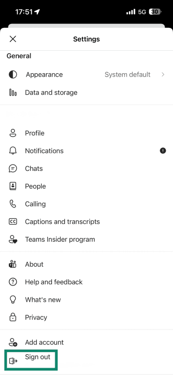 Microsoft Teams' mobile app Settings menu with Sign Out highlighted.