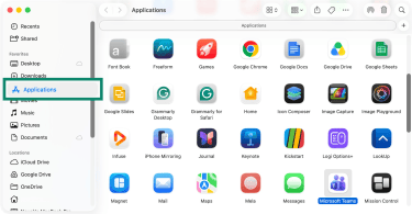 MacOS' Finder with the Applications menu highlighted.