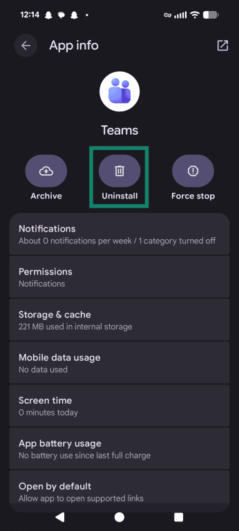 The App Info screen for Microsoft Teams on Android, with a highlight over the Uninstall button.