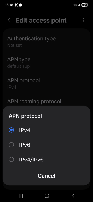 Android device showing APN protocol options.