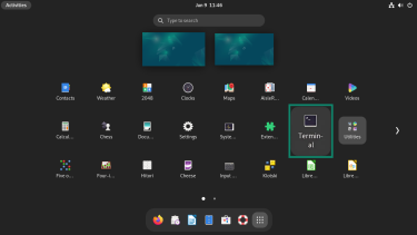 Linux Debian distro showing the Activities screen with Terminal highlighted.