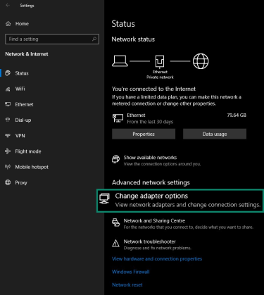 Windows 10 Network & Settings highlighting the Change adapter options button.