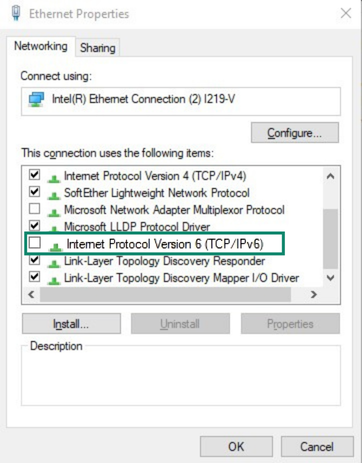 Windows 10 Ethernet Properties highlighting the item Internet Protocol Version 6 (TCP/IPv6).