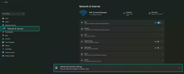 Windows 11 Settings highlighting the Network & Internet tab and the Advanced network settings option.