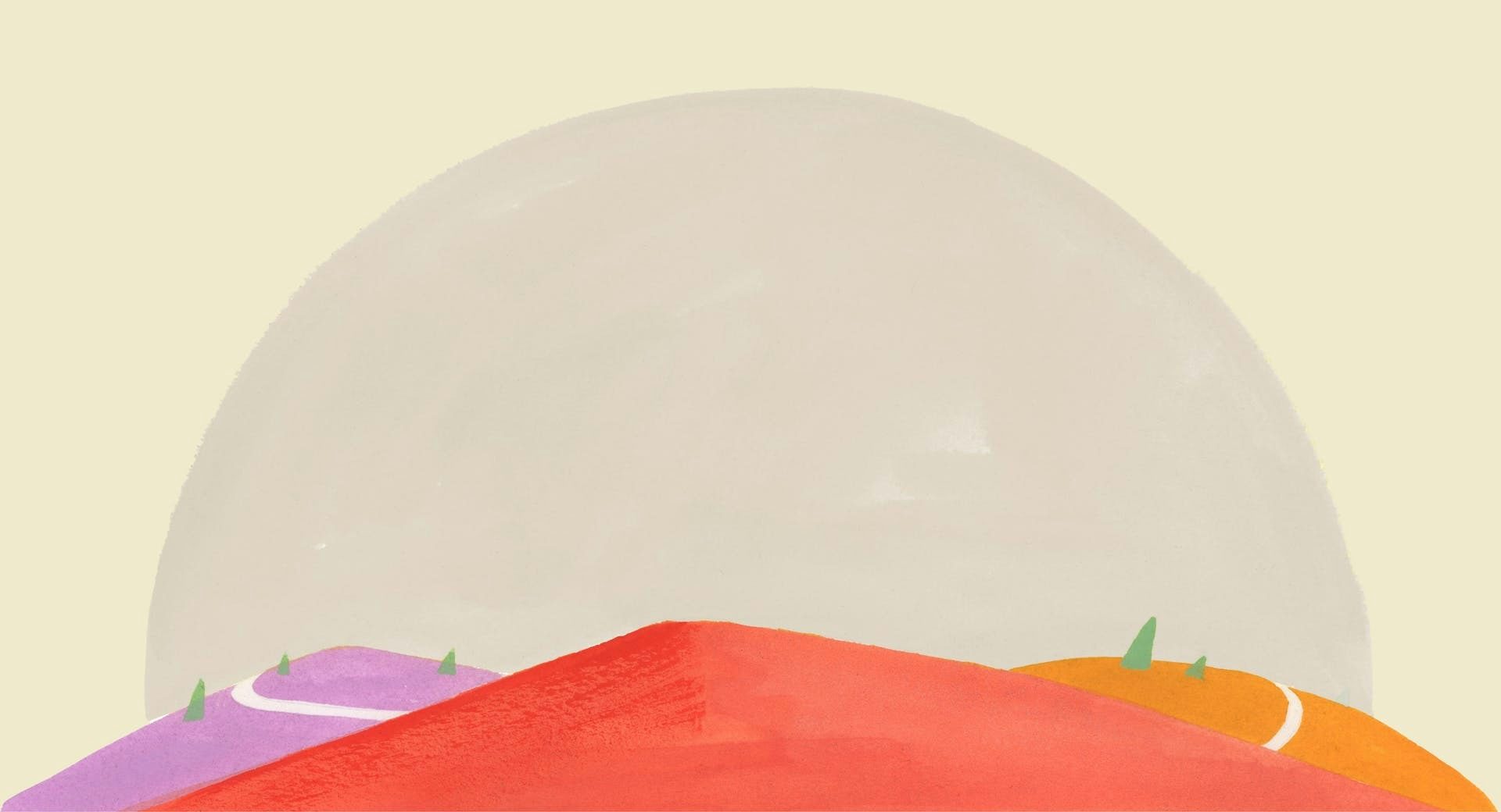 ExpressVPN-Illustration von bunten Pfaden, die über einen Hügel führen und sichere, schnelle und globale Internetverbindungen symbolisieren.