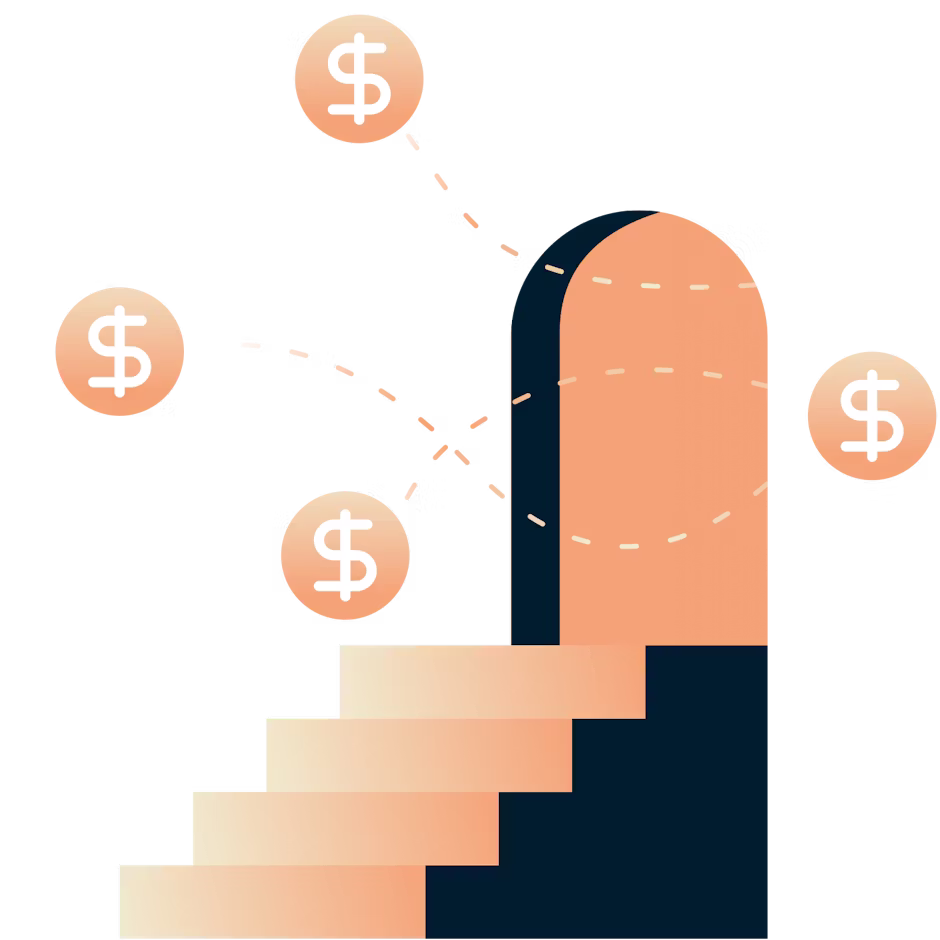 Trappen die leiden naar een deuropening met dollartekens die eruit komen.