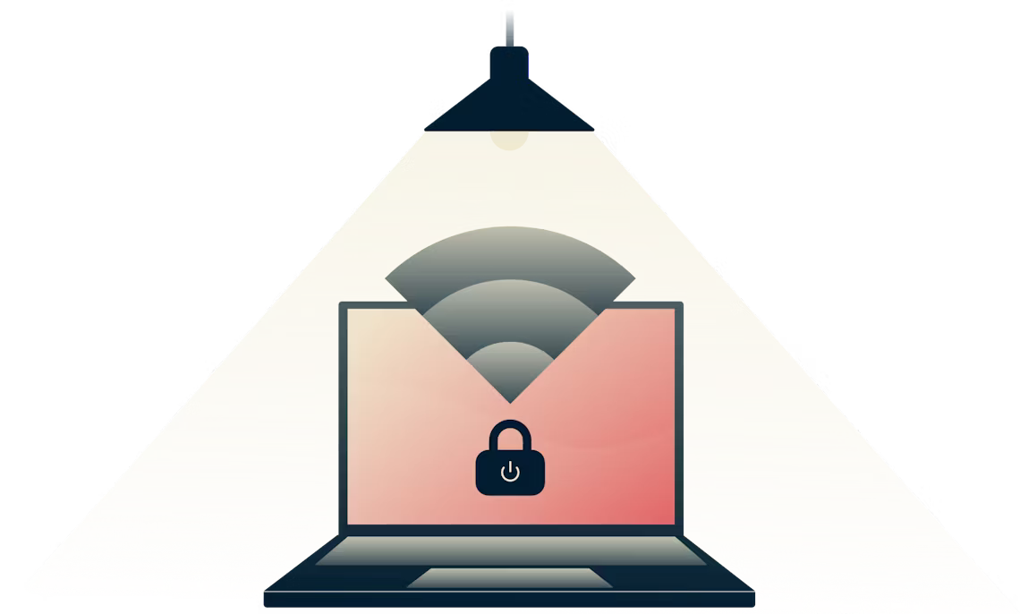 Network Lock menghentikan seluruh trafik internet saat koneksi VPN drop. Lampu menyinari komputer yang aman.