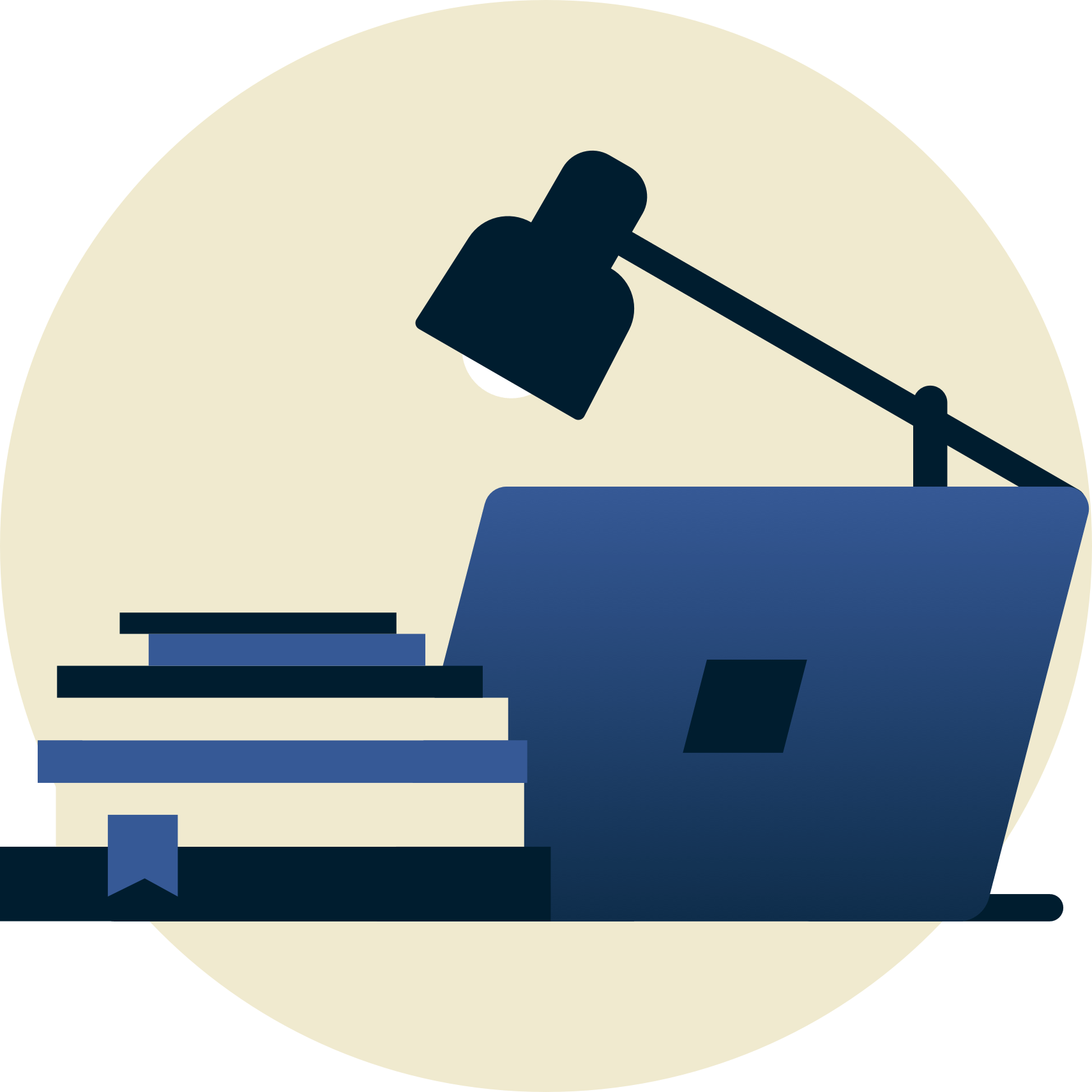 Lamppu koulukirjojen ja kannettavan tietokoneen yläpuolella sinusta poispäin.